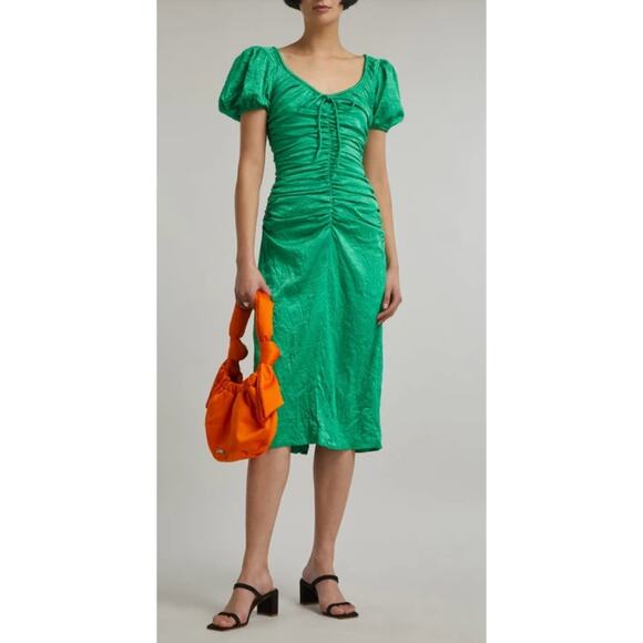 GANNI EU 38 green ruched puff shoulder holiday Midi Dress - Picture 2 of 10